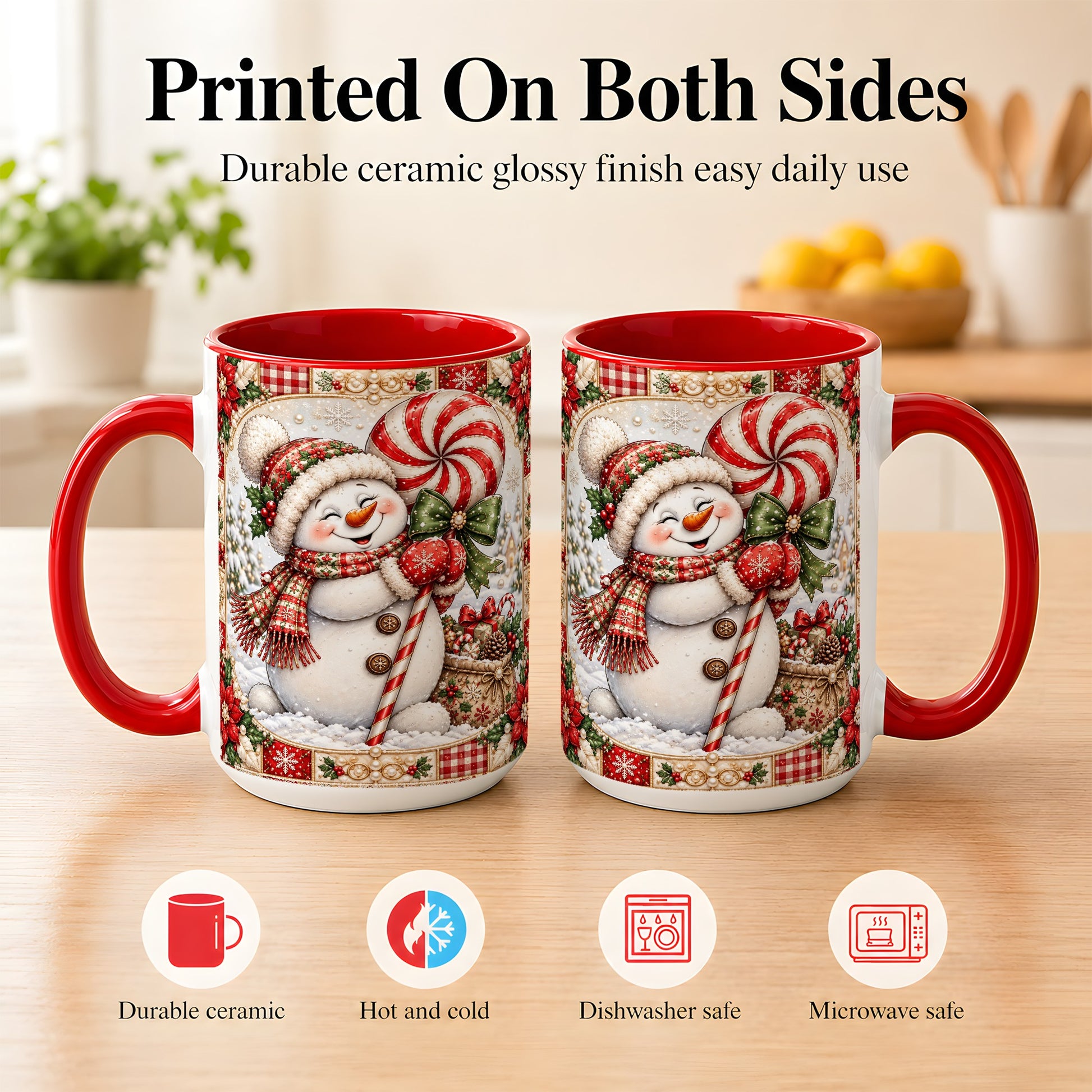#pl[15oz|Red] Peppermint Snowman Coffee Mug, Christmas Candy Mug, Ceramic Cup