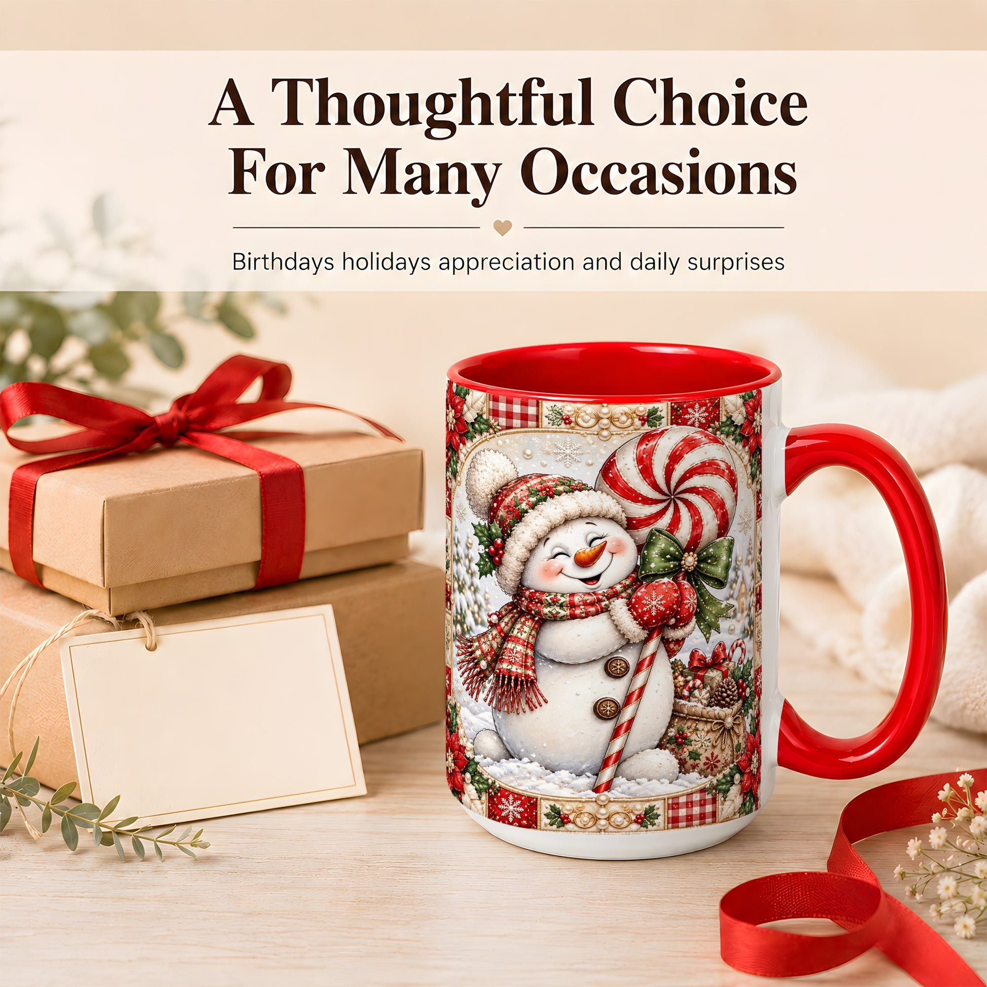 #pl[15oz|Red] Peppermint Snowman Coffee Mug, Christmas Candy Mug, Ceramic Cup
