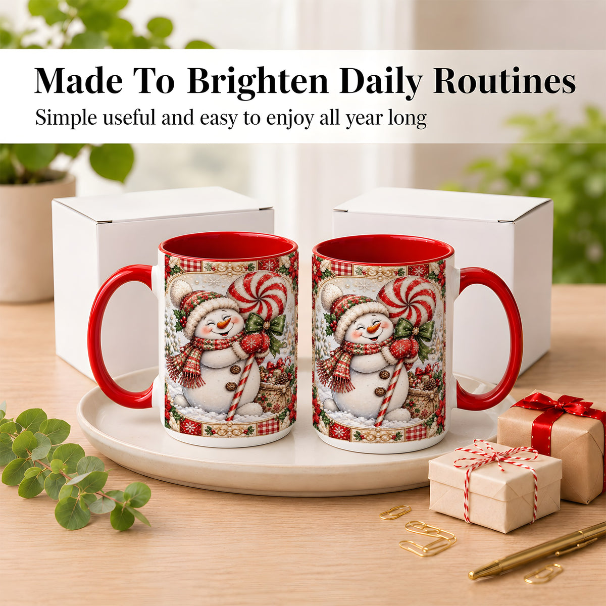 #pl[15oz|Red] Peppermint Snowman Coffee Mug, Christmas Candy Mug, Ceramic Cup