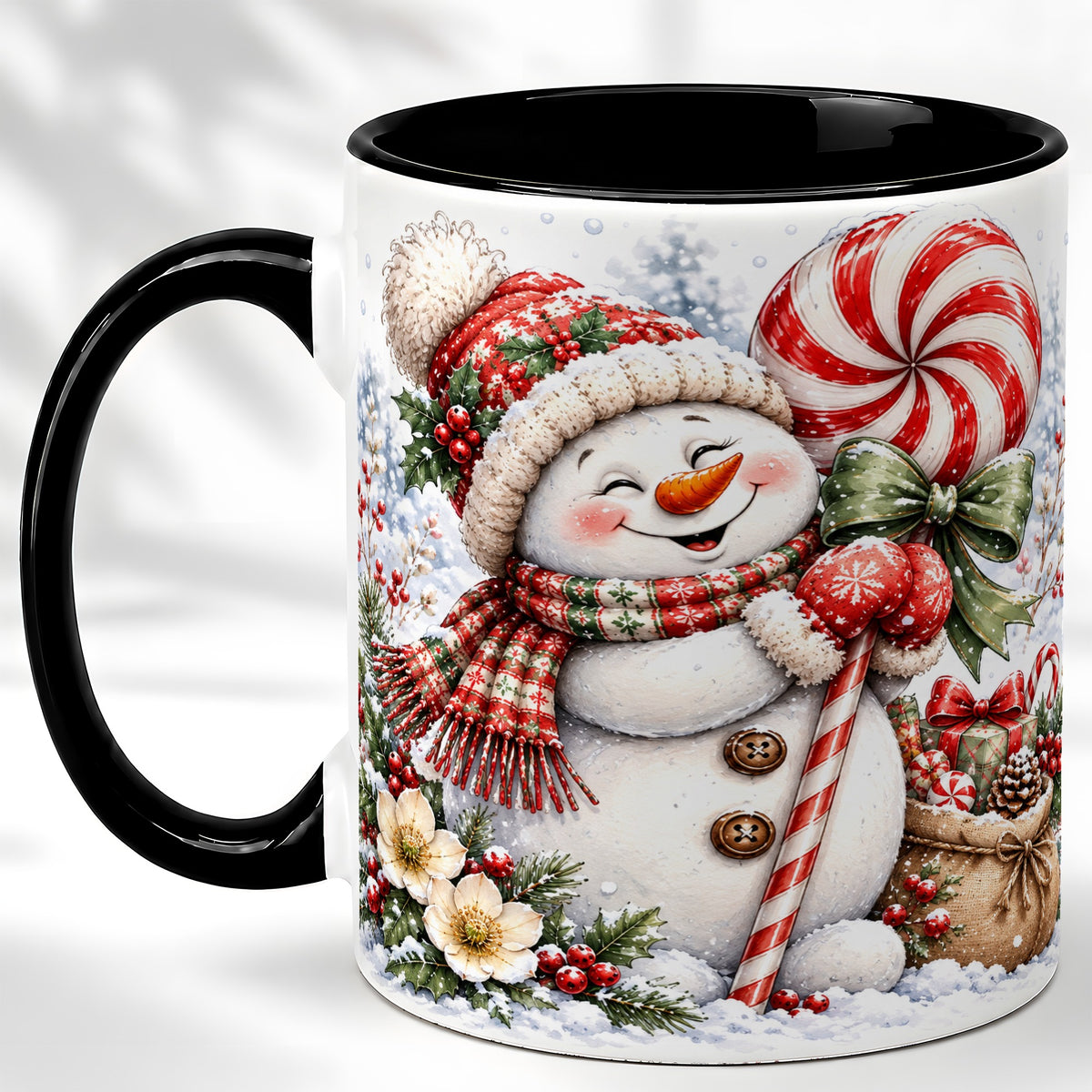 #pl[11oz|Black] Peppermint Snowman Coffee Mug, Winter Candy Mug, Ceramic Cup