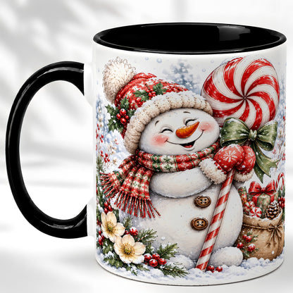#pl[11oz|Black] Peppermint Snowman Coffee Mug, Winter Candy Mug, Ceramic Cup