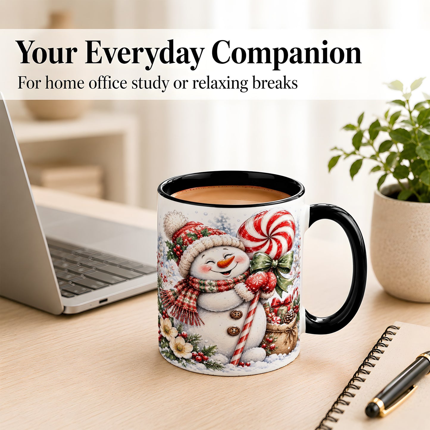 #pl[11oz|Black] Peppermint Snowman Coffee Mug, Winter Candy Mug, Ceramic Cup