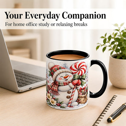 #pl[11oz|Black] Peppermint Snowman Coffee Mug, Winter Candy Mug, Ceramic Cup
