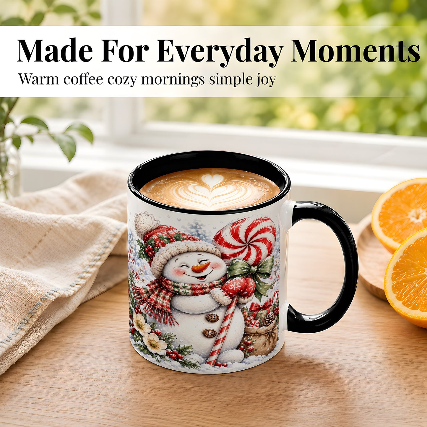 #pl[11oz|Black] Peppermint Snowman Coffee Mug, Winter Candy Mug, Ceramic Cup