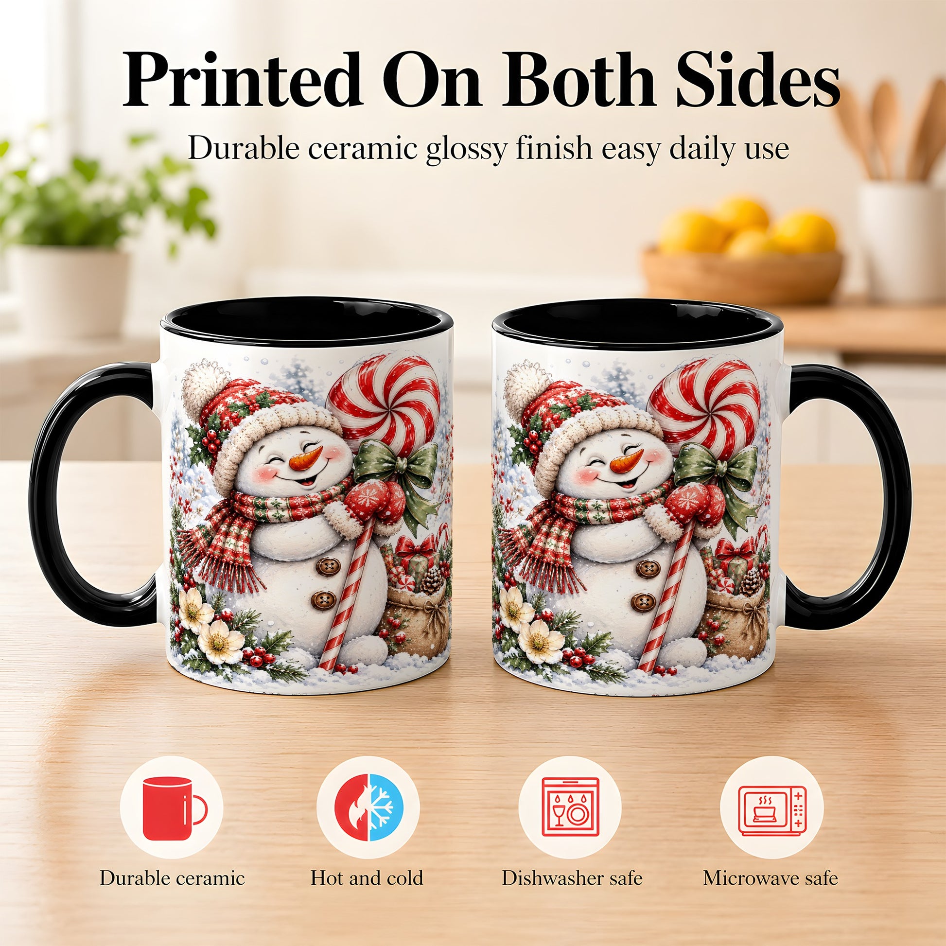 #pl[11oz|Black] Peppermint Snowman Coffee Mug, Winter Candy Mug, Ceramic Cup