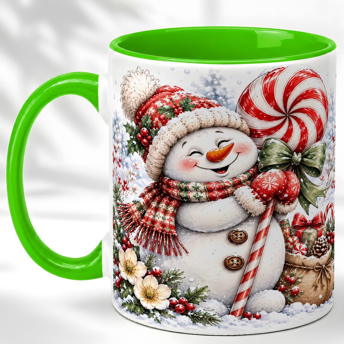#pl[11oz|Green] Peppermint Snowman Coffee Mug, Winter Candy Mug, Ceramic Cup