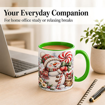#pl[11oz|Green] Peppermint Snowman Coffee Mug, Winter Candy Mug, Ceramic Cup