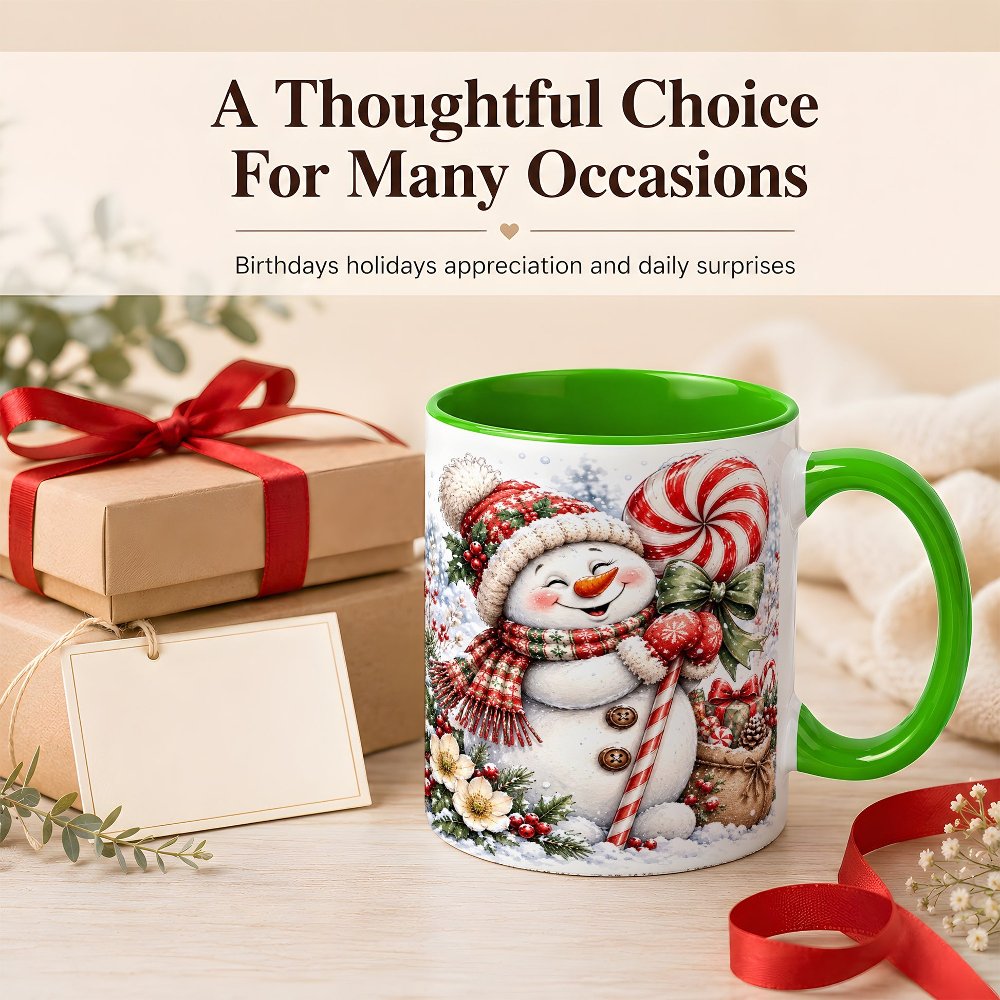 #pl[11oz|Green] Peppermint Snowman Coffee Mug, Winter Candy Mug, Ceramic Cup