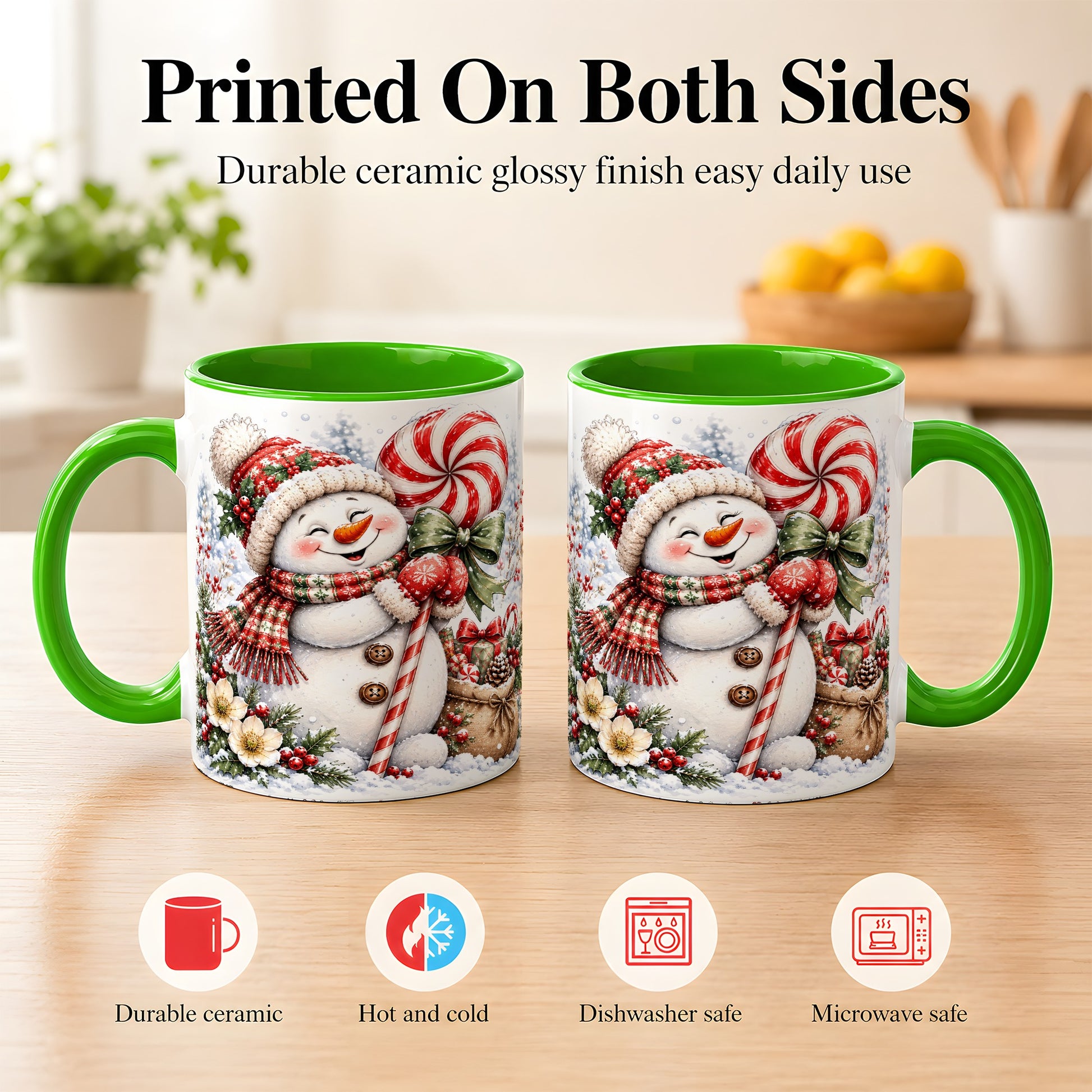 #pl[11oz|Green] Peppermint Snowman Coffee Mug, Winter Candy Mug, Ceramic Cup