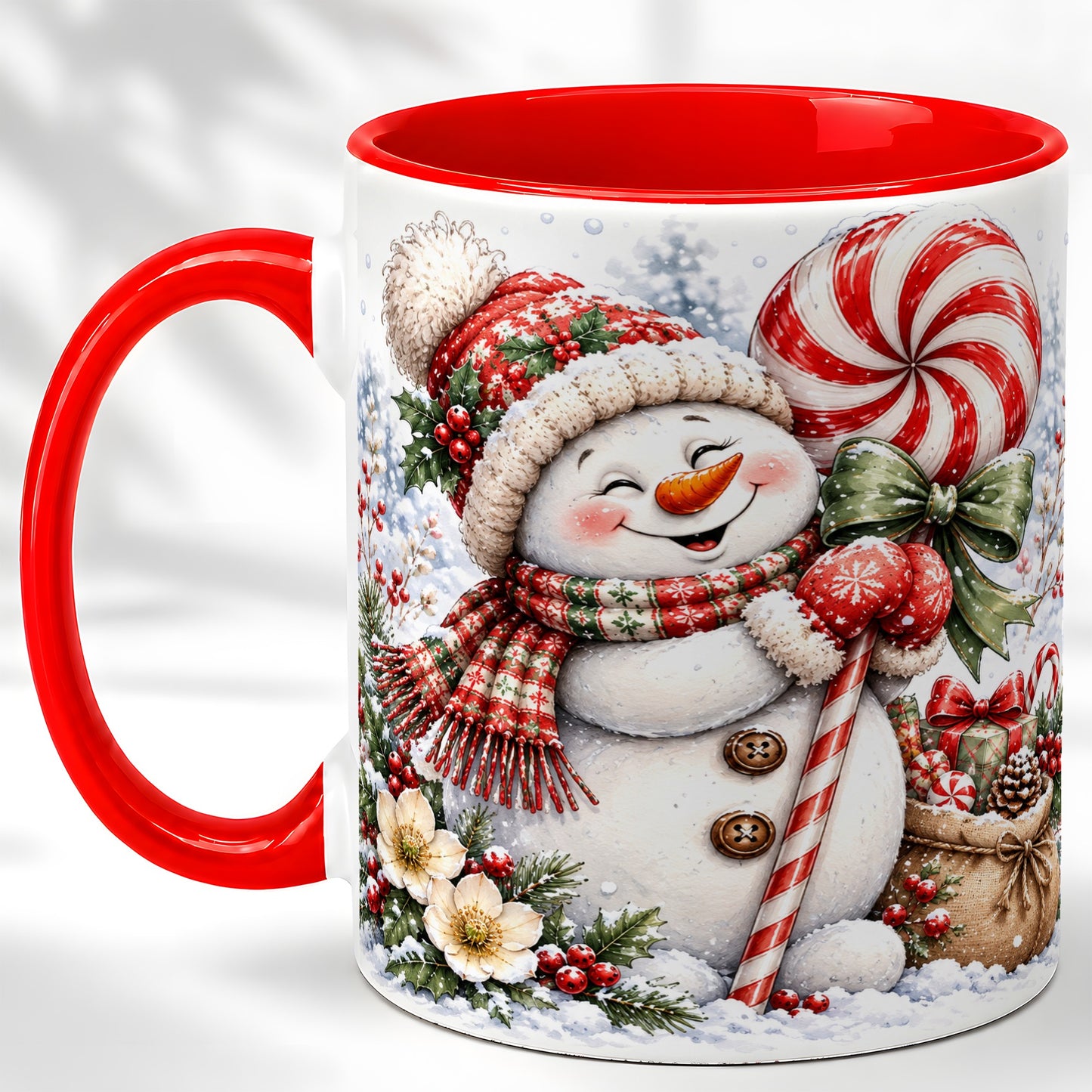 Peppermint Snowman Coffee Mug, Winter Candy Mug, Ceramic Cup