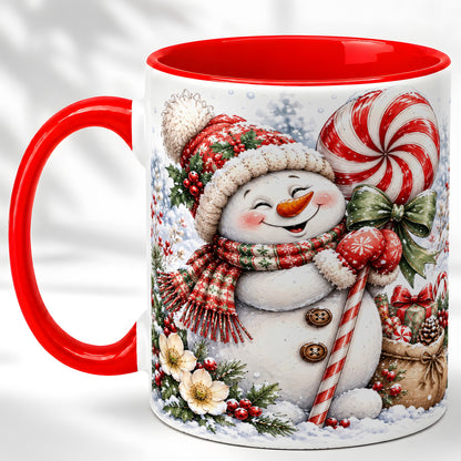 Peppermint Snowman Coffee Mug, Winter Candy Mug, Ceramic Cup