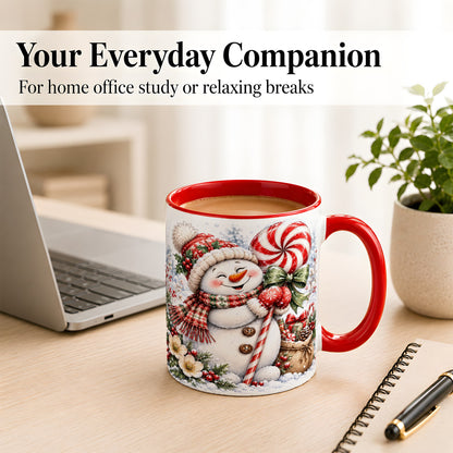 #pl[11oz|Red] Peppermint Snowman Coffee Mug, Winter Candy Mug, Ceramic Cup