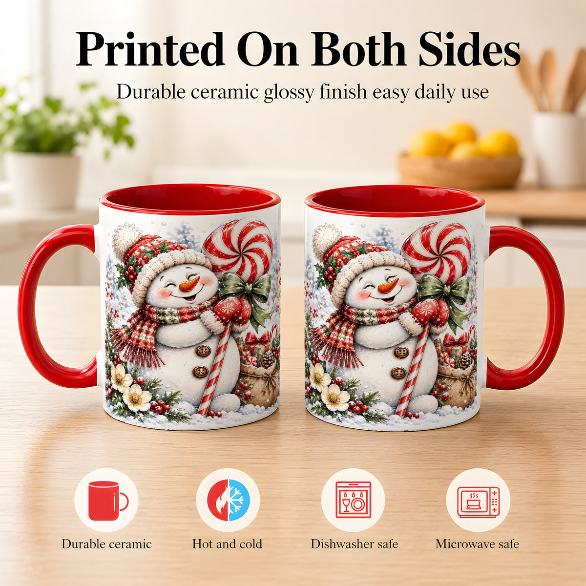#pl[11oz|Red] Peppermint Snowman Coffee Mug, Winter Candy Mug, Ceramic Cup