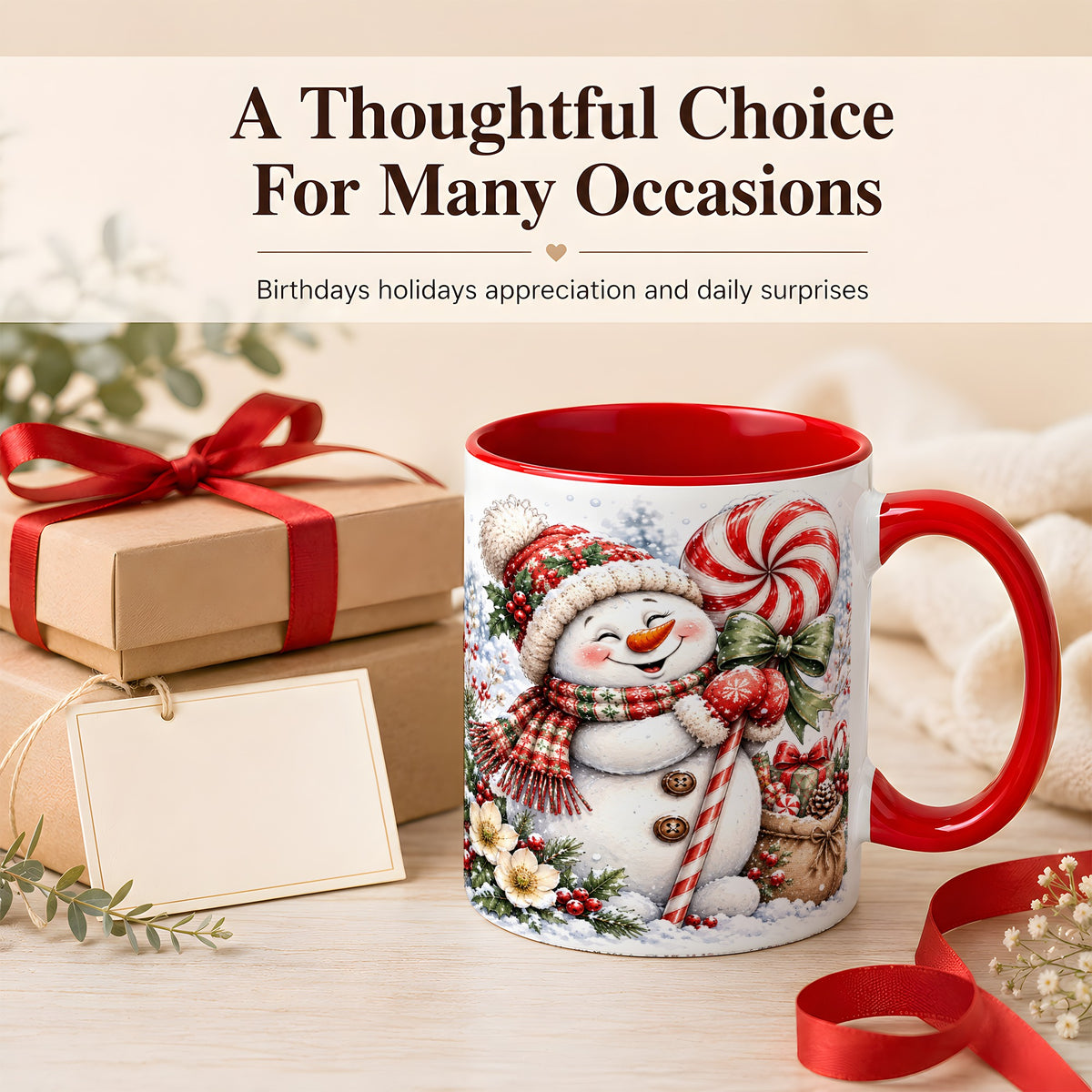 #pl[11oz|Red] Peppermint Snowman Coffee Mug, Winter Candy Mug, Ceramic Cup
