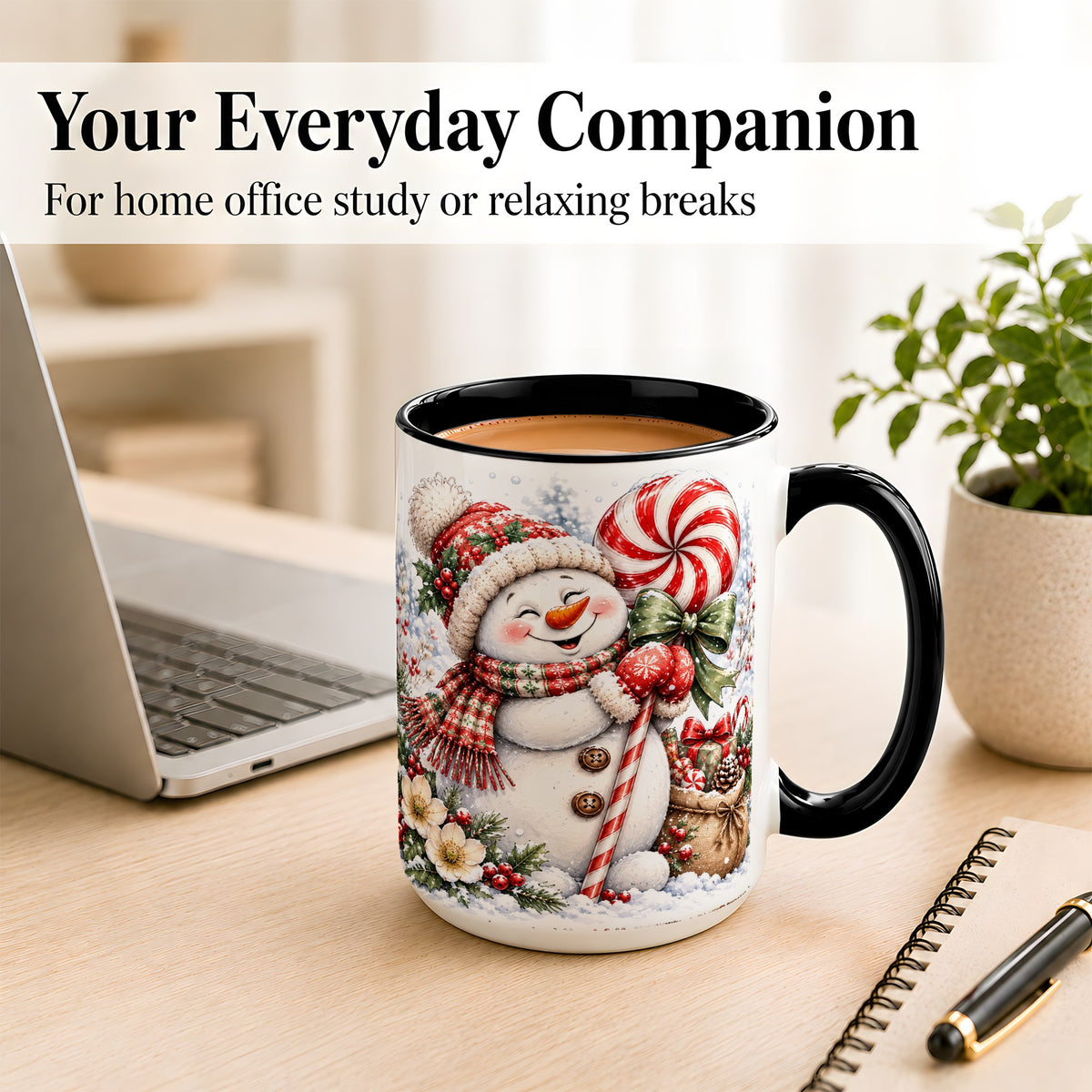 #pl[15oz|Black] Peppermint Snowman Coffee Mug, Winter Candy Mug, Ceramic Cup