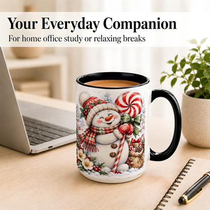 #pl[15oz|Black] Peppermint Snowman Coffee Mug, Winter Candy Mug, Ceramic Cup