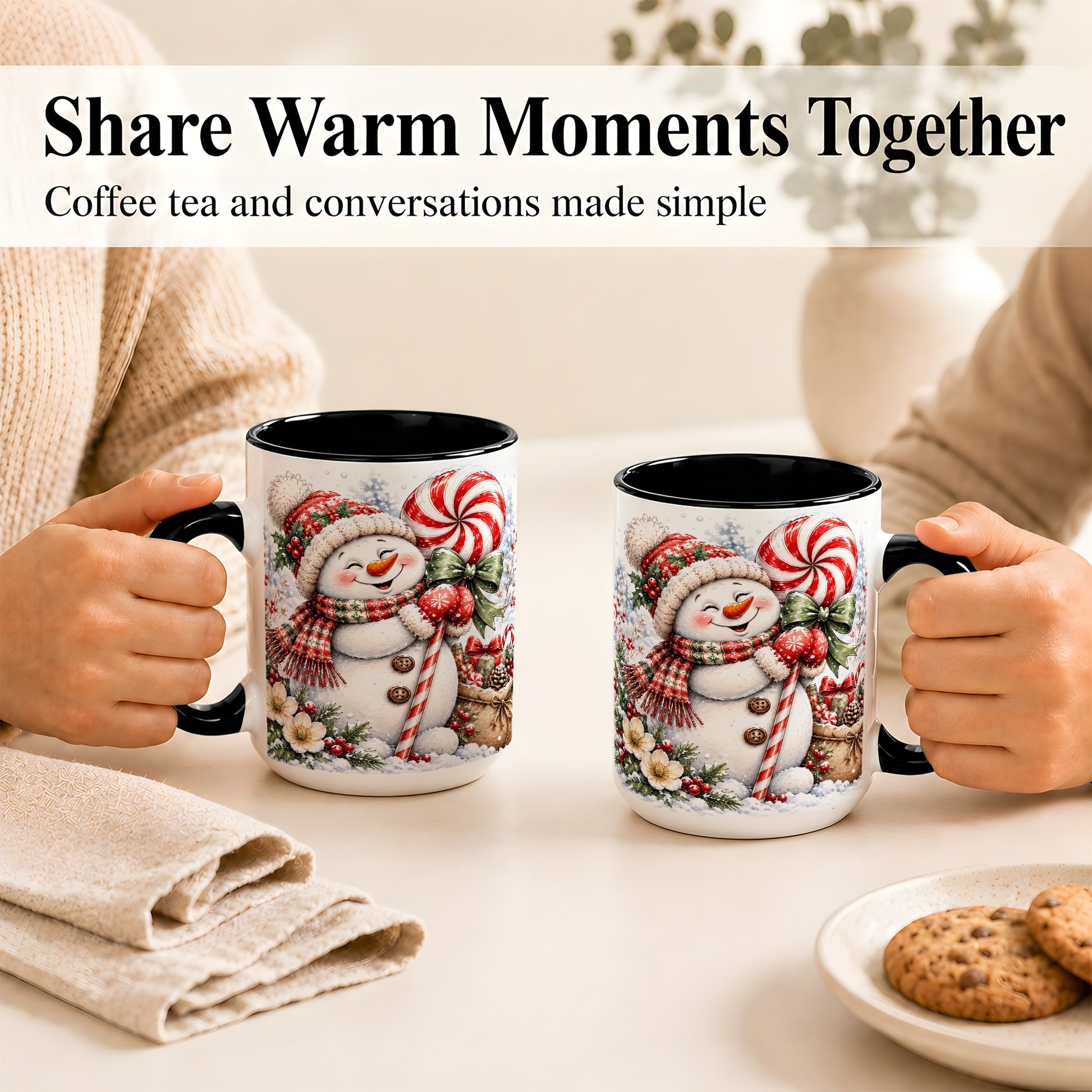 #pl[15oz|Black] Peppermint Snowman Coffee Mug, Winter Candy Mug, Ceramic Cup