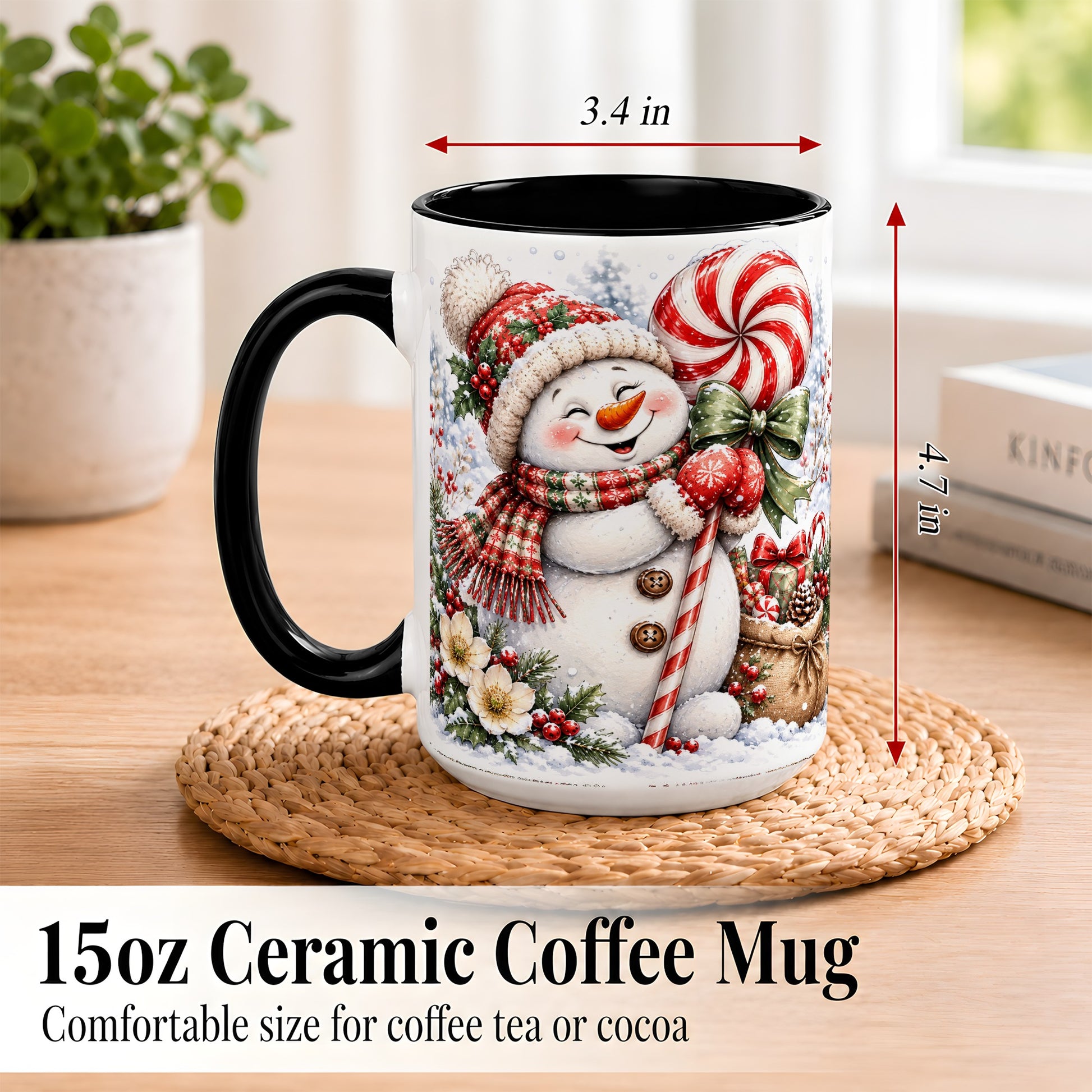 #pl[15oz|Black] Peppermint Snowman Coffee Mug, Winter Candy Mug, Ceramic Cup