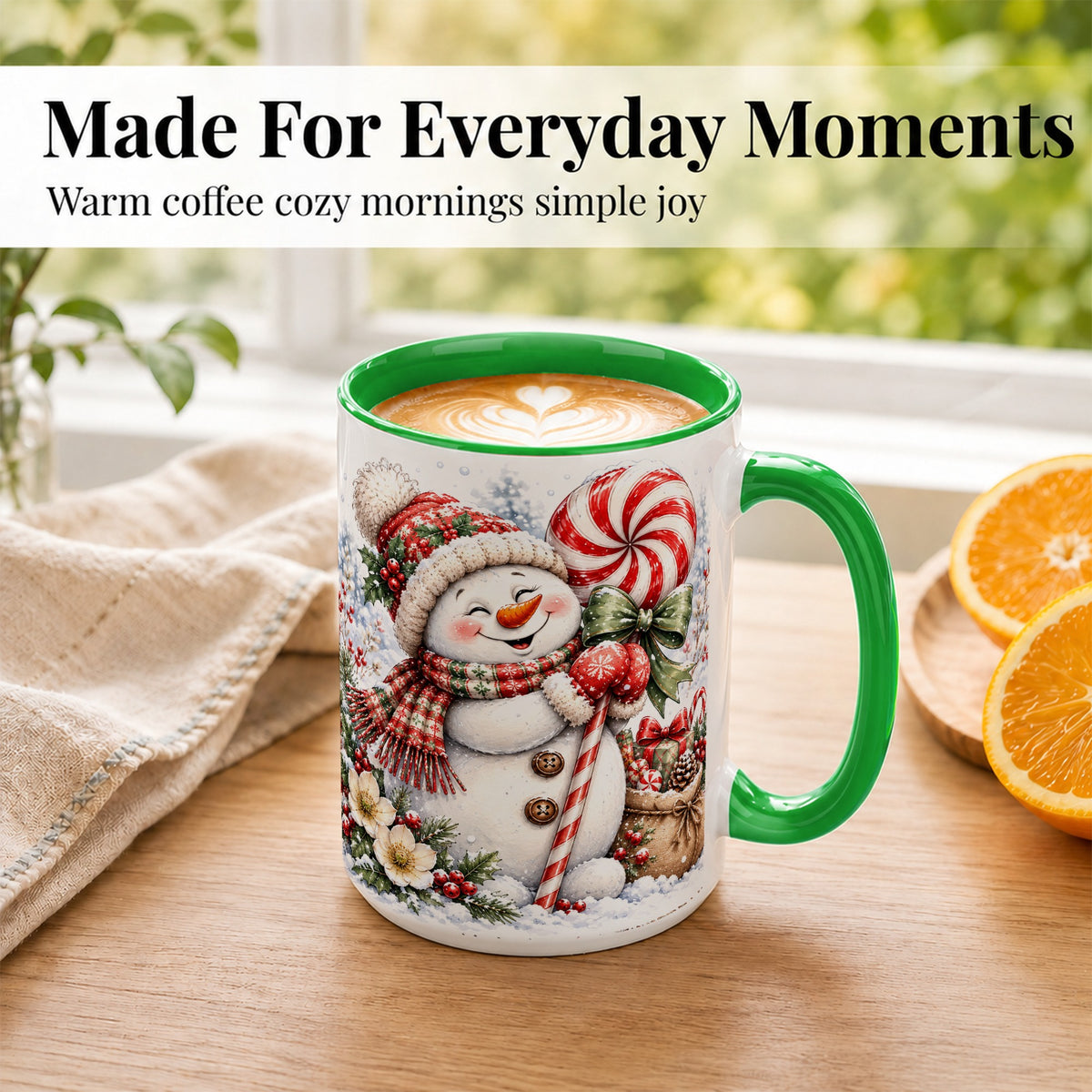 #pl[15oz|Green] Peppermint Snowman Coffee Mug, Winter Candy Mug, Ceramic Cup