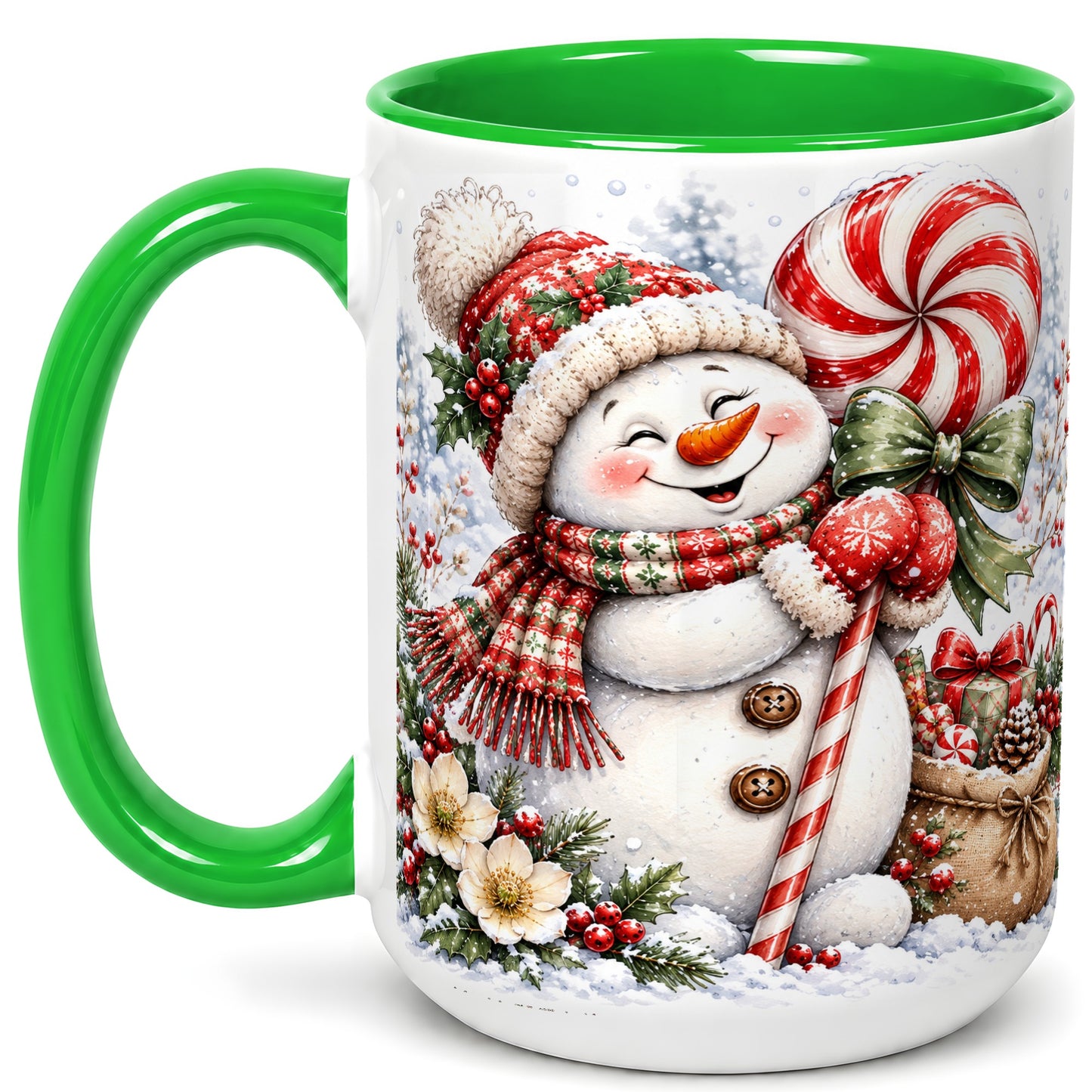 #pl[15oz|Green] Peppermint Snowman Coffee Mug, Winter Candy Mug, Ceramic Cup