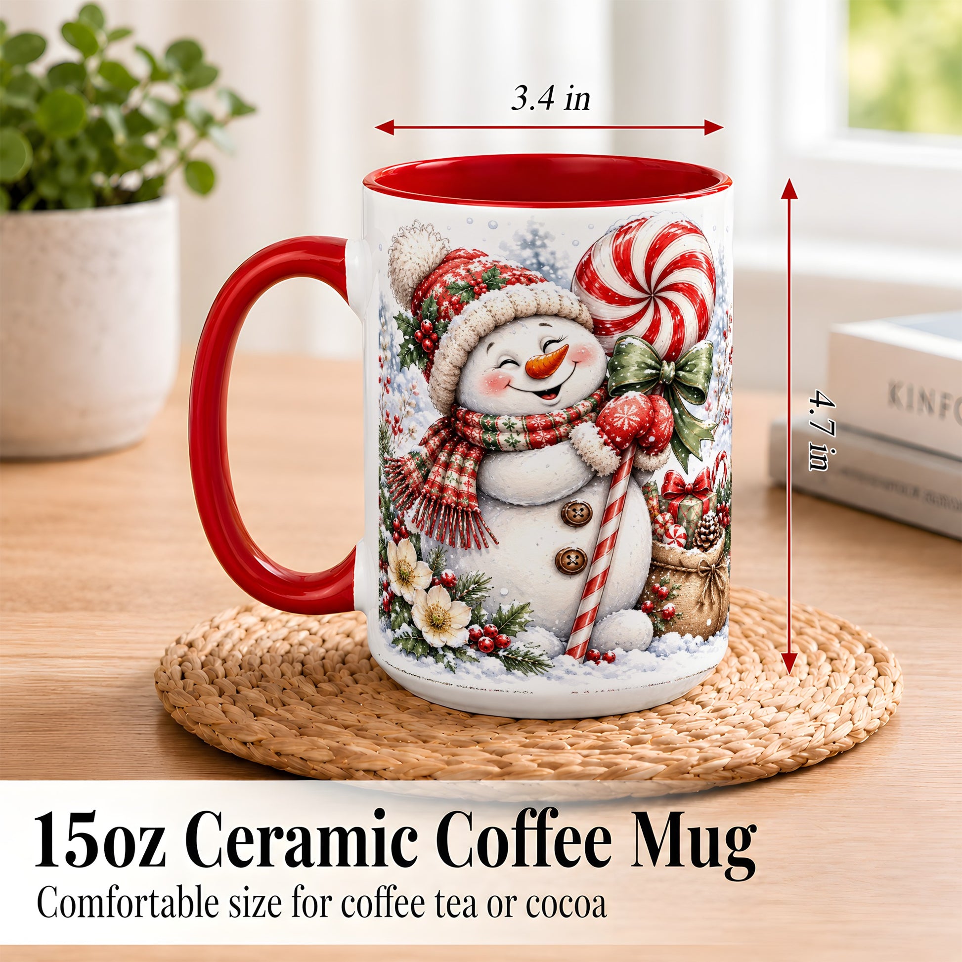 #pl[15oz|Red] Peppermint Snowman Coffee Mug, Winter Candy Mug, Ceramic Cup