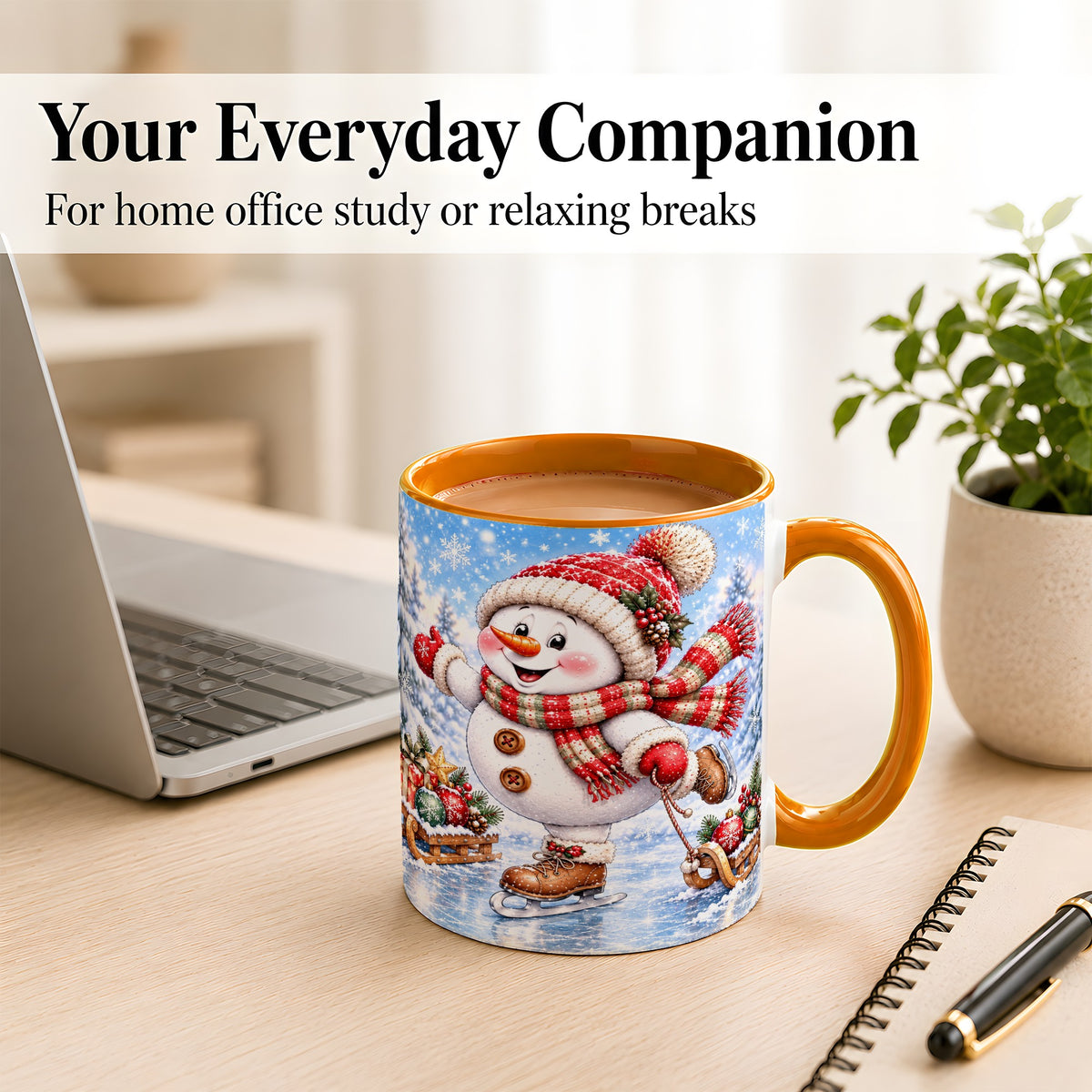 #pl[11oz|Orange] Ice Skating Snowman Coffee Mug, Christmas Snowman Mug, Ceramic Cup