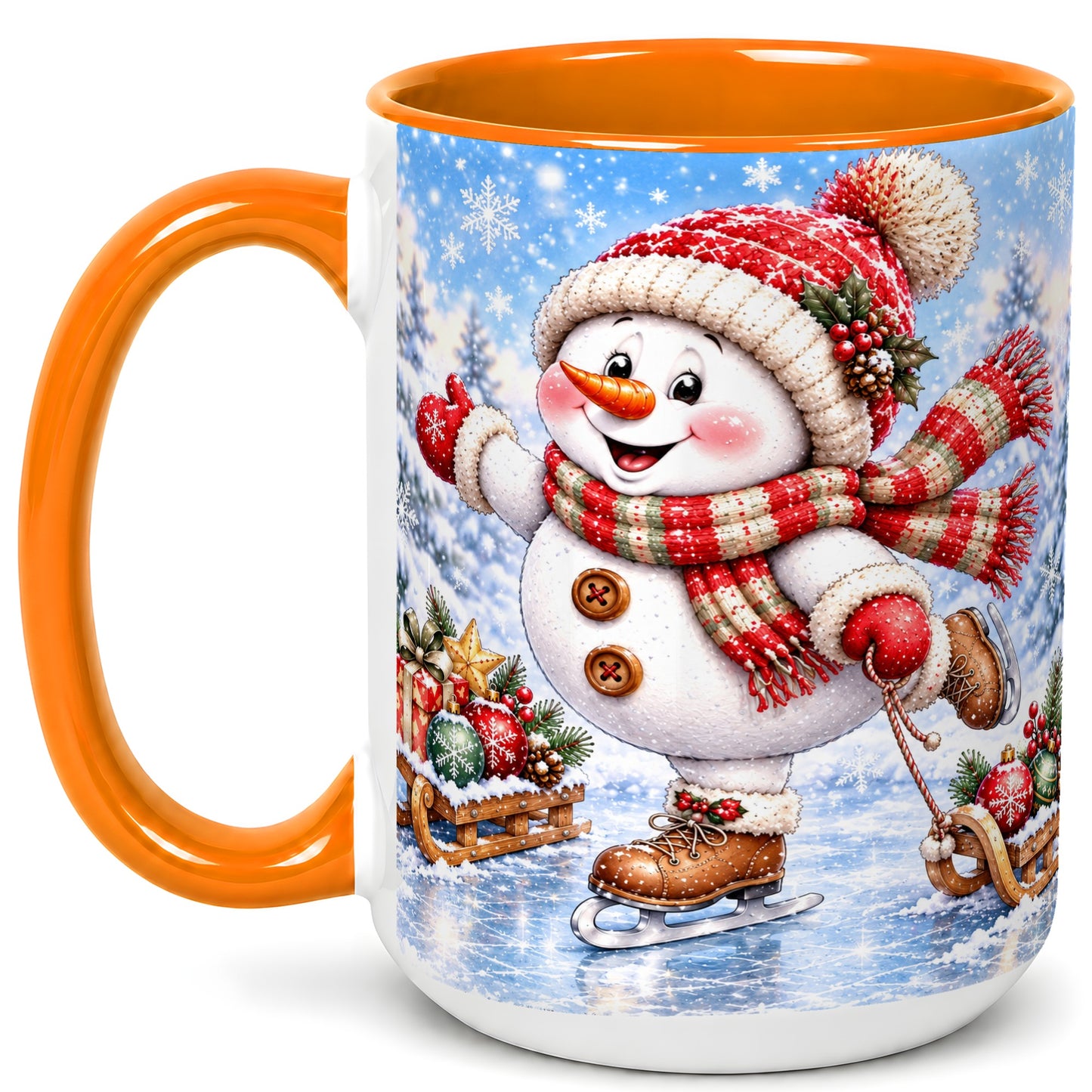 #pl[15oz|Orange] Ice Skating Snowman Coffee Mug, Christmas Snowman Mug, Ceramic Cup