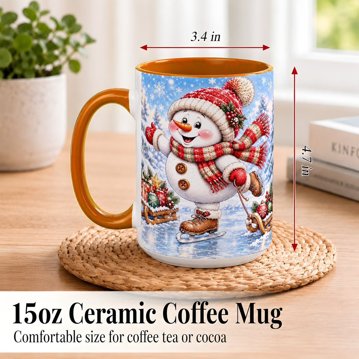 #pl[15oz|Orange] Ice Skating Snowman Coffee Mug, Christmas Snowman Mug, Ceramic Cup