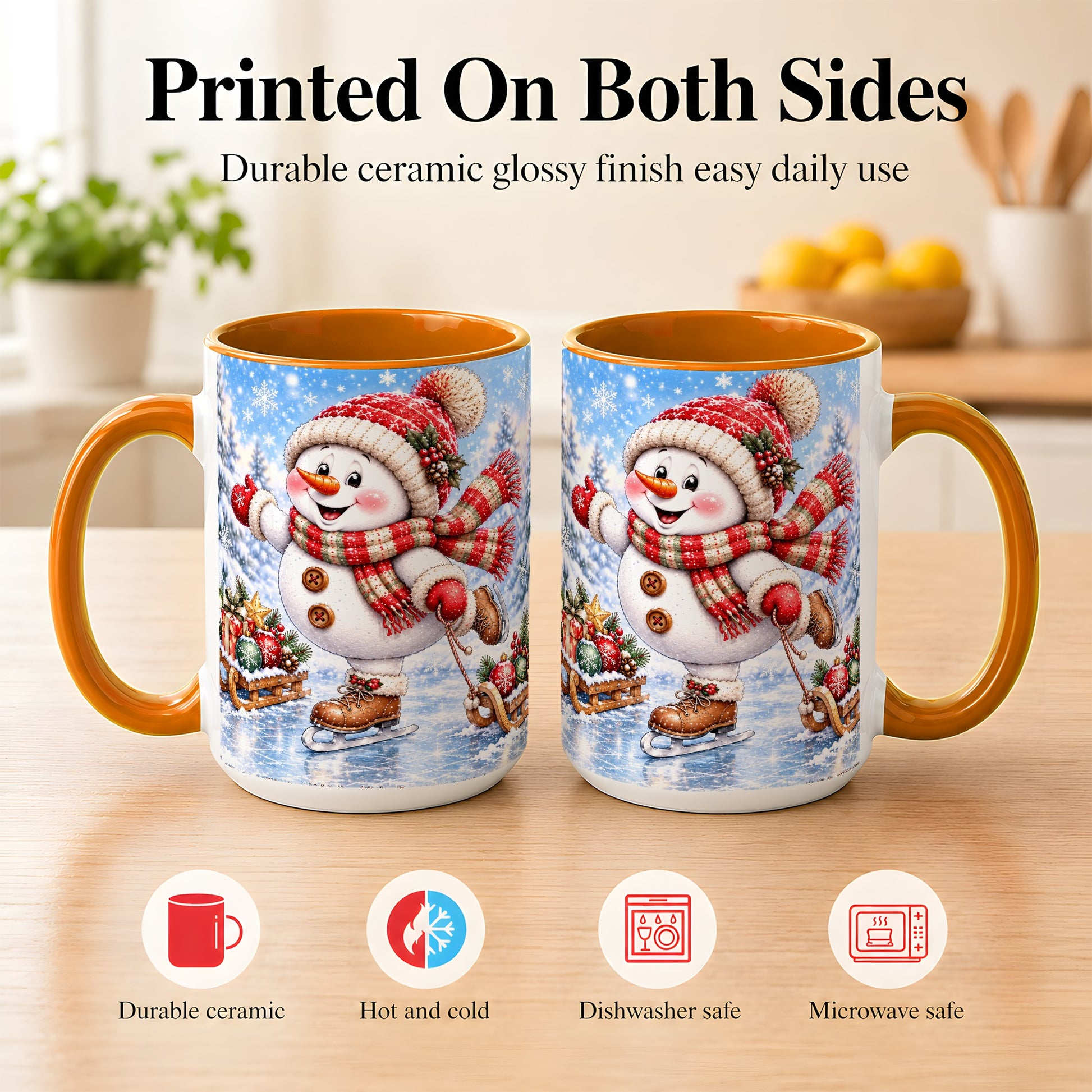 #pl[15oz|Orange] Ice Skating Snowman Coffee Mug, Christmas Snowman Mug, Ceramic Cup
