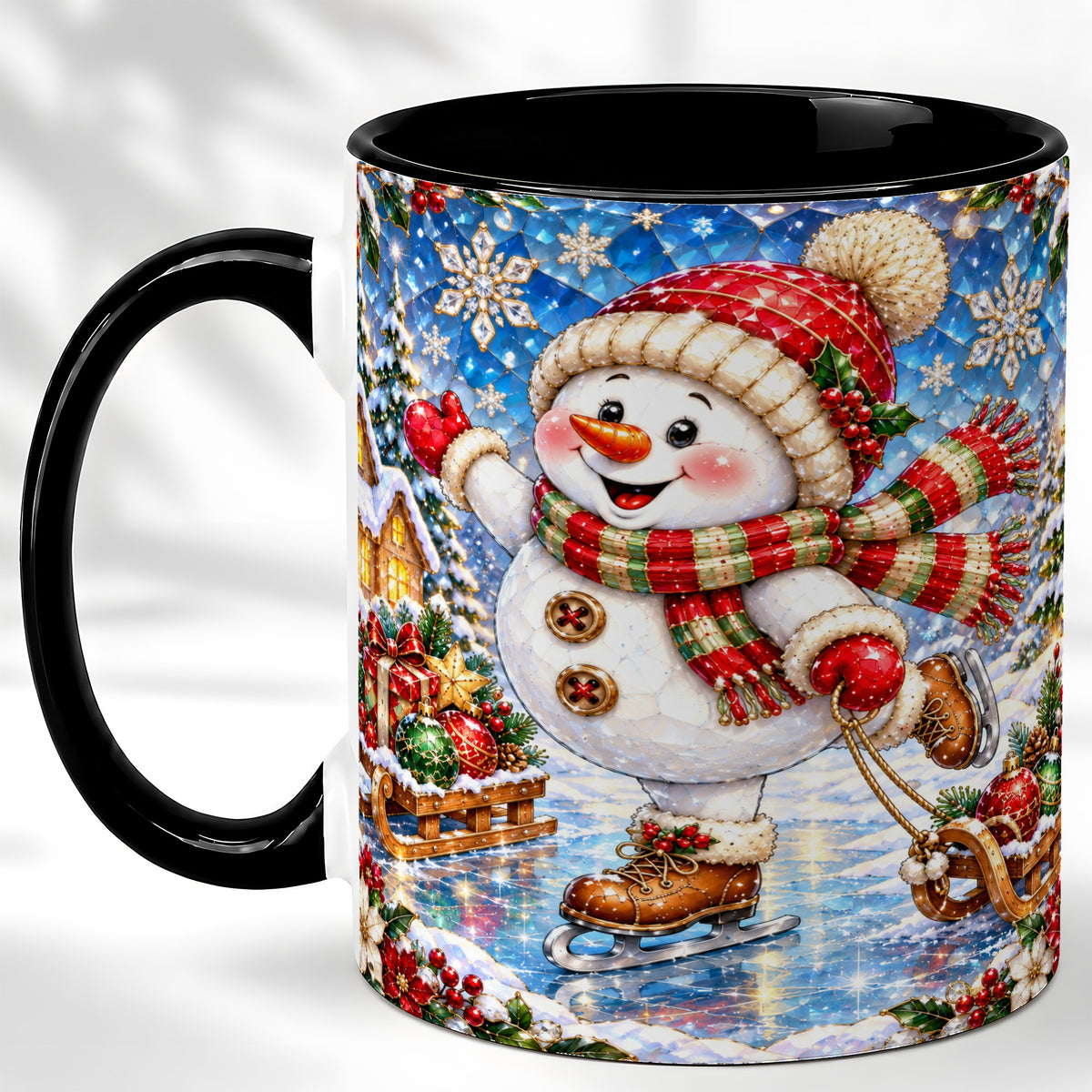 #pl[11oz|Black] Jeweled Ice Skating Snowman Coffee Mug, Christmas Snowman Mug, Ceramic Cup