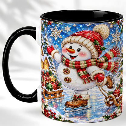 #pl[11oz|Black] Jeweled Ice Skating Snowman Coffee Mug, Christmas Snowman Mug, Ceramic Cup