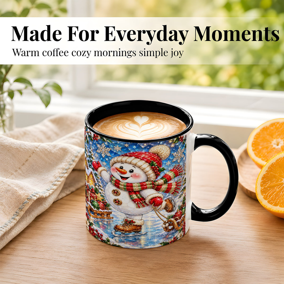 #pl[11oz|Black] Jeweled Ice Skating Snowman Coffee Mug, Christmas Snowman Mug, Ceramic Cup