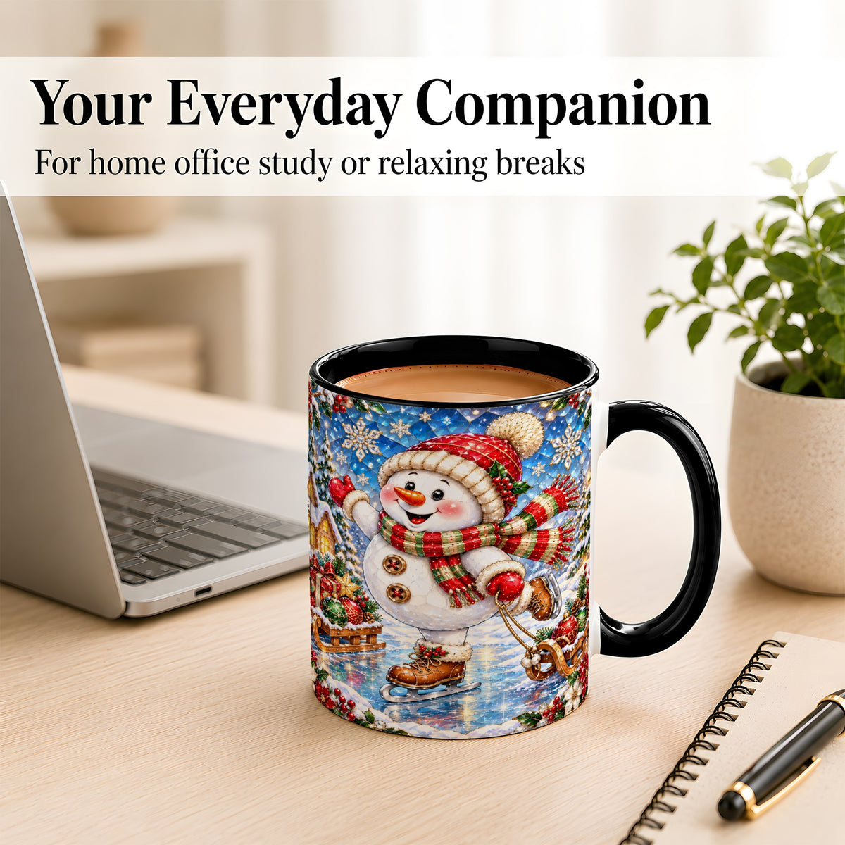 #pl[11oz|Black] Jeweled Ice Skating Snowman Coffee Mug, Christmas Snowman Mug, Ceramic Cup