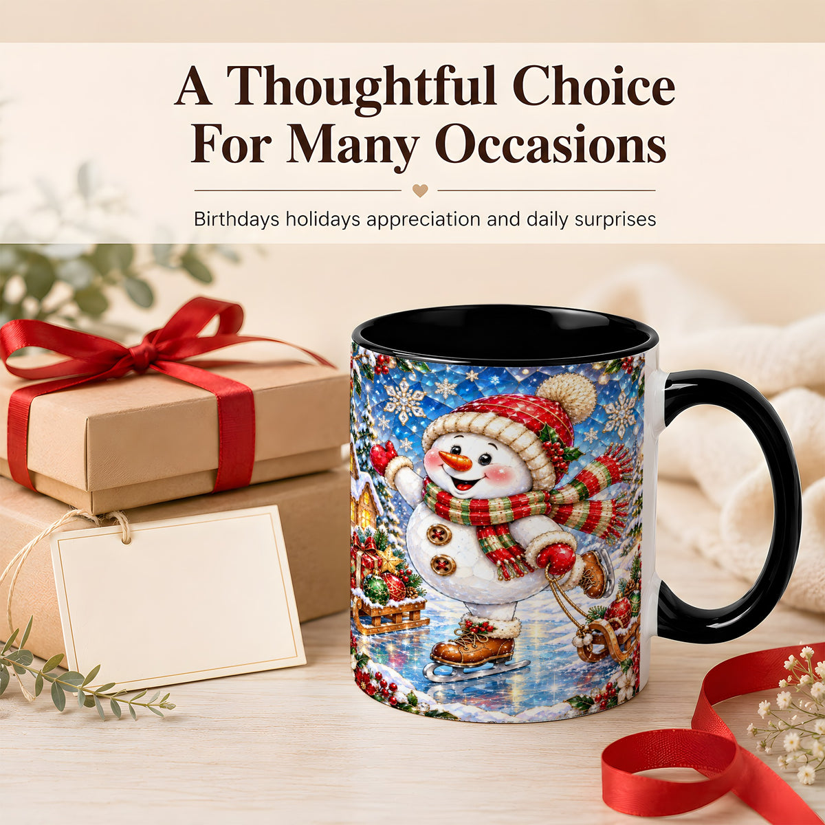 #pl[11oz|Black] Jeweled Ice Skating Snowman Coffee Mug, Christmas Snowman Mug, Ceramic Cup