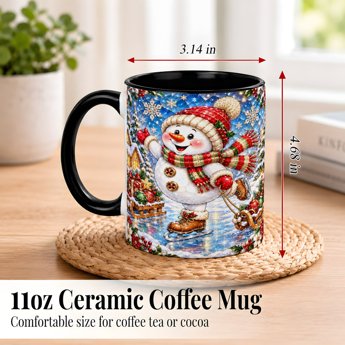 #pl[11oz|Black] Jeweled Ice Skating Snowman Coffee Mug, Christmas Snowman Mug, Ceramic Cup