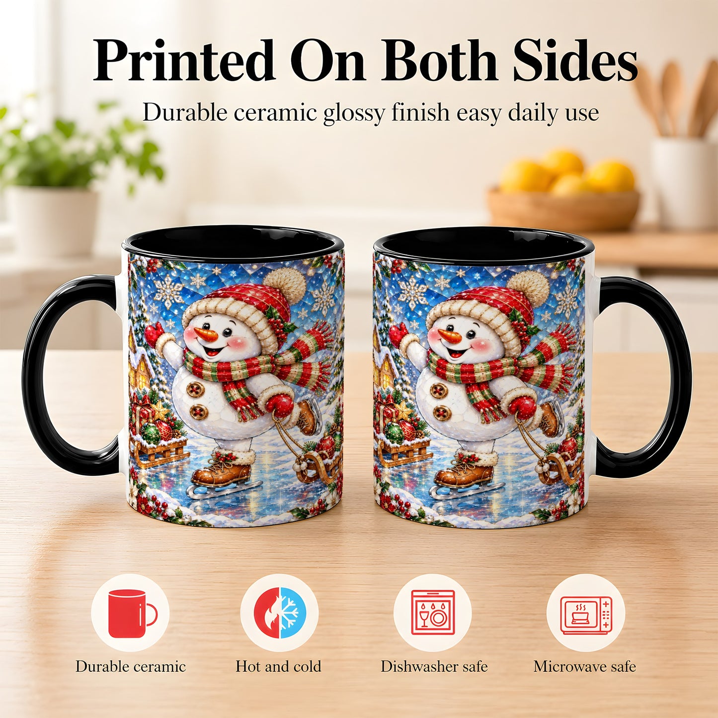 #pl[11oz|Black] Jeweled Ice Skating Snowman Coffee Mug, Christmas Snowman Mug, Ceramic Cup