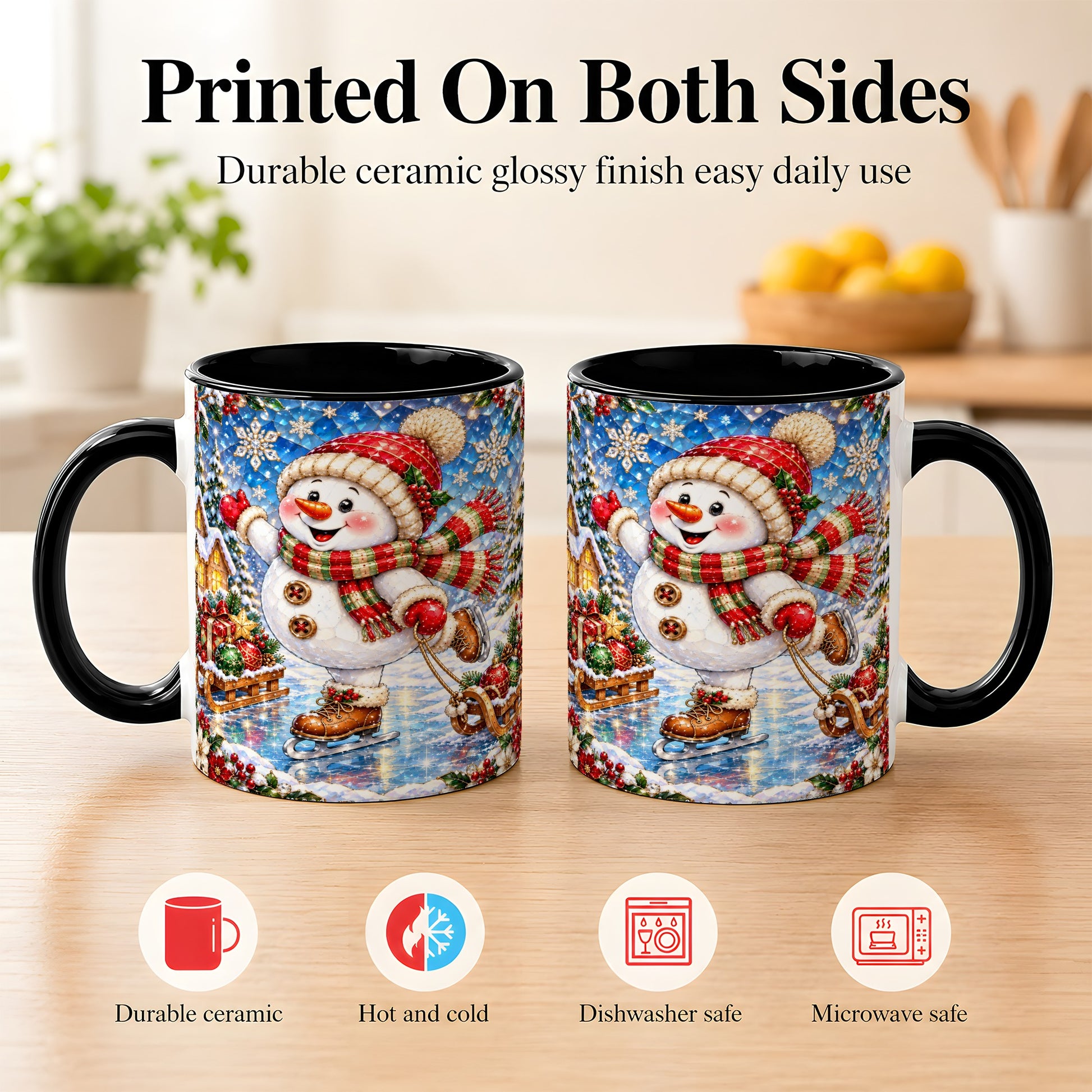 #pl[11oz|Black] Jeweled Ice Skating Snowman Coffee Mug, Christmas Snowman Mug, Ceramic Cup