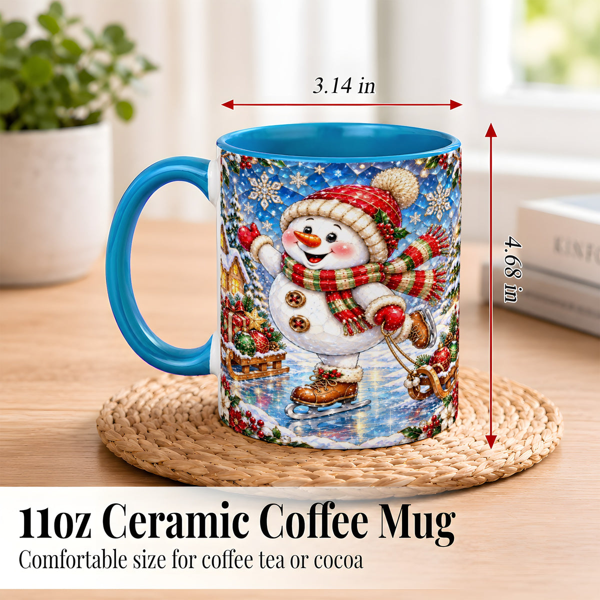 #pl[11oz|Blue] Jeweled Ice Skating Snowman Coffee Mug, Christmas Snowman Mug, Ceramic Cup