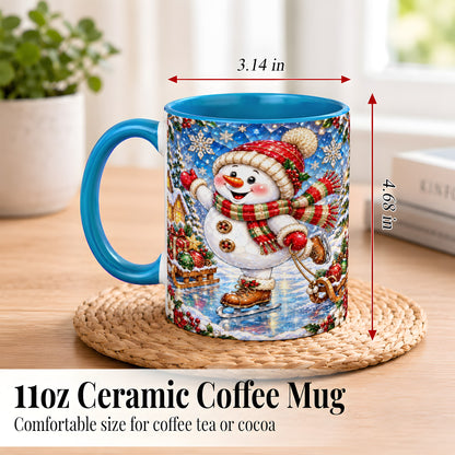 #pl[11oz|Blue] Jeweled Ice Skating Snowman Coffee Mug, Christmas Snowman Mug, Ceramic Cup