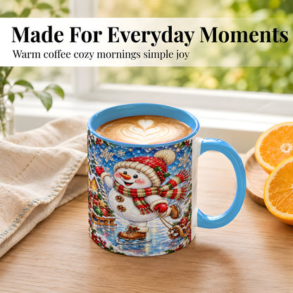 #pl[11oz|Blue] Jeweled Ice Skating Snowman Coffee Mug, Christmas Snowman Mug, Ceramic Cup