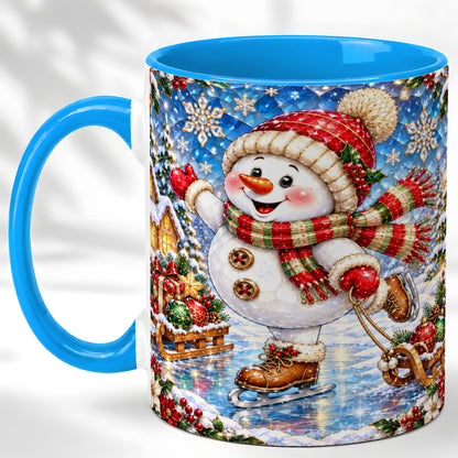 #pl[11oz|Blue] Jeweled Ice Skating Snowman Coffee Mug, Christmas Snowman Mug, Ceramic Cup