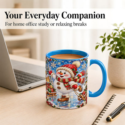 #pl[11oz|Blue] Jeweled Ice Skating Snowman Coffee Mug, Christmas Snowman Mug, Ceramic Cup