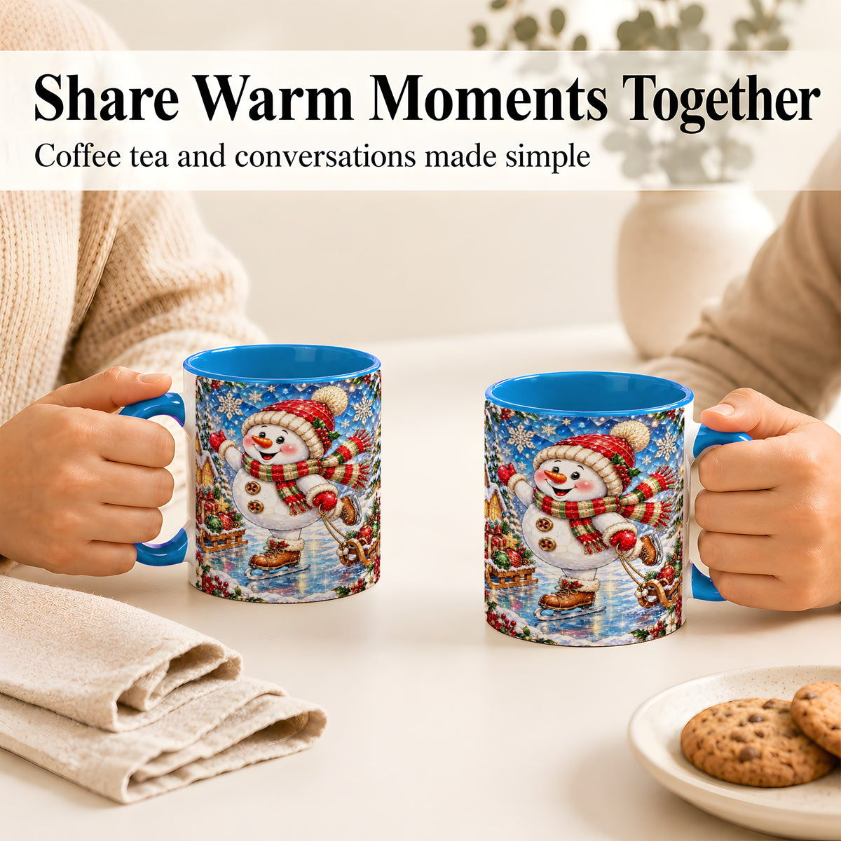 #pl[11oz|Blue] Jeweled Ice Skating Snowman Coffee Mug, Christmas Snowman Mug, Ceramic Cup