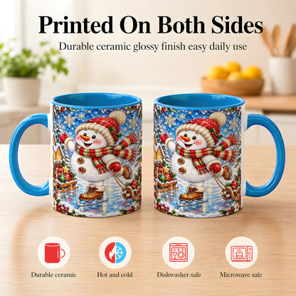 #pl[11oz|Blue] Jeweled Ice Skating Snowman Coffee Mug, Christmas Snowman Mug, Ceramic Cup