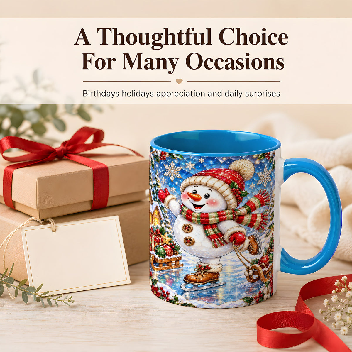 #pl[11oz|Blue] Jeweled Ice Skating Snowman Coffee Mug, Christmas Snowman Mug, Ceramic Cup