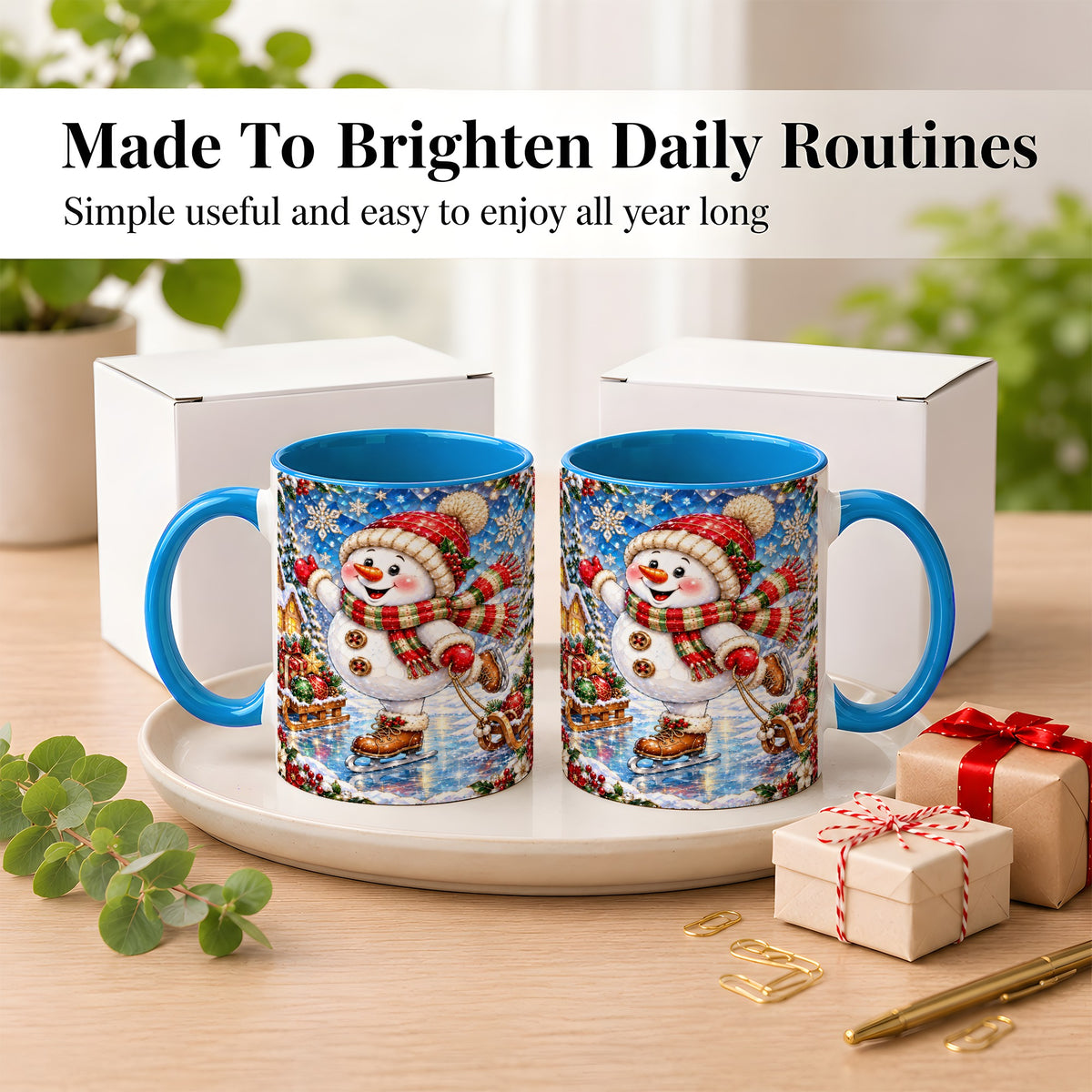 #pl[11oz|Blue] Jeweled Ice Skating Snowman Coffee Mug, Christmas Snowman Mug, Ceramic Cup