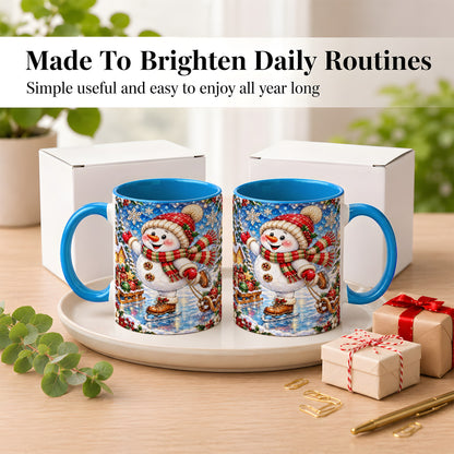 #pl[11oz|Blue] Jeweled Ice Skating Snowman Coffee Mug, Christmas Snowman Mug, Ceramic Cup