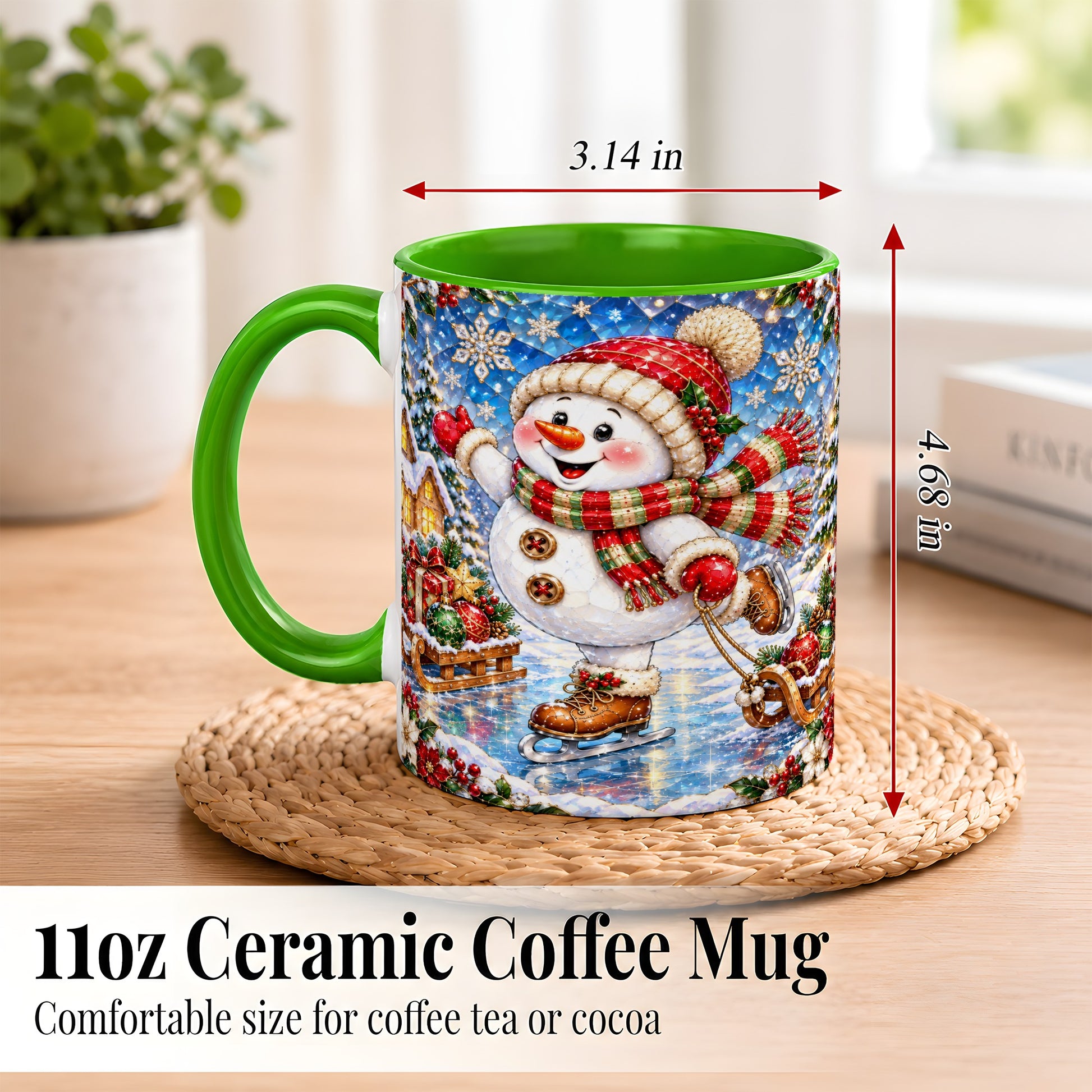 #pl[11oz|Green] Jeweled Ice Skating Snowman Coffee Mug, Christmas Snowman Mug, Ceramic Cup