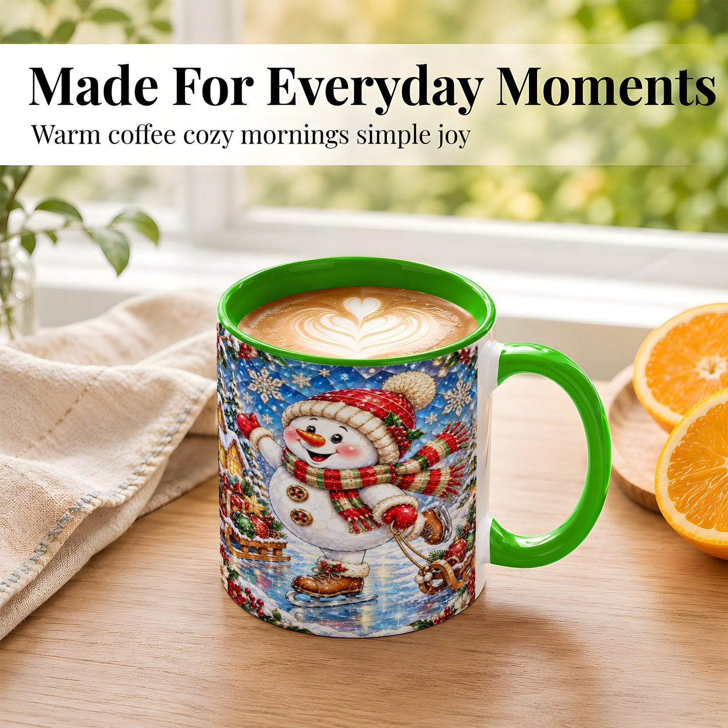 #pl[11oz|Green] Jeweled Ice Skating Snowman Coffee Mug, Christmas Snowman Mug, Ceramic Cup