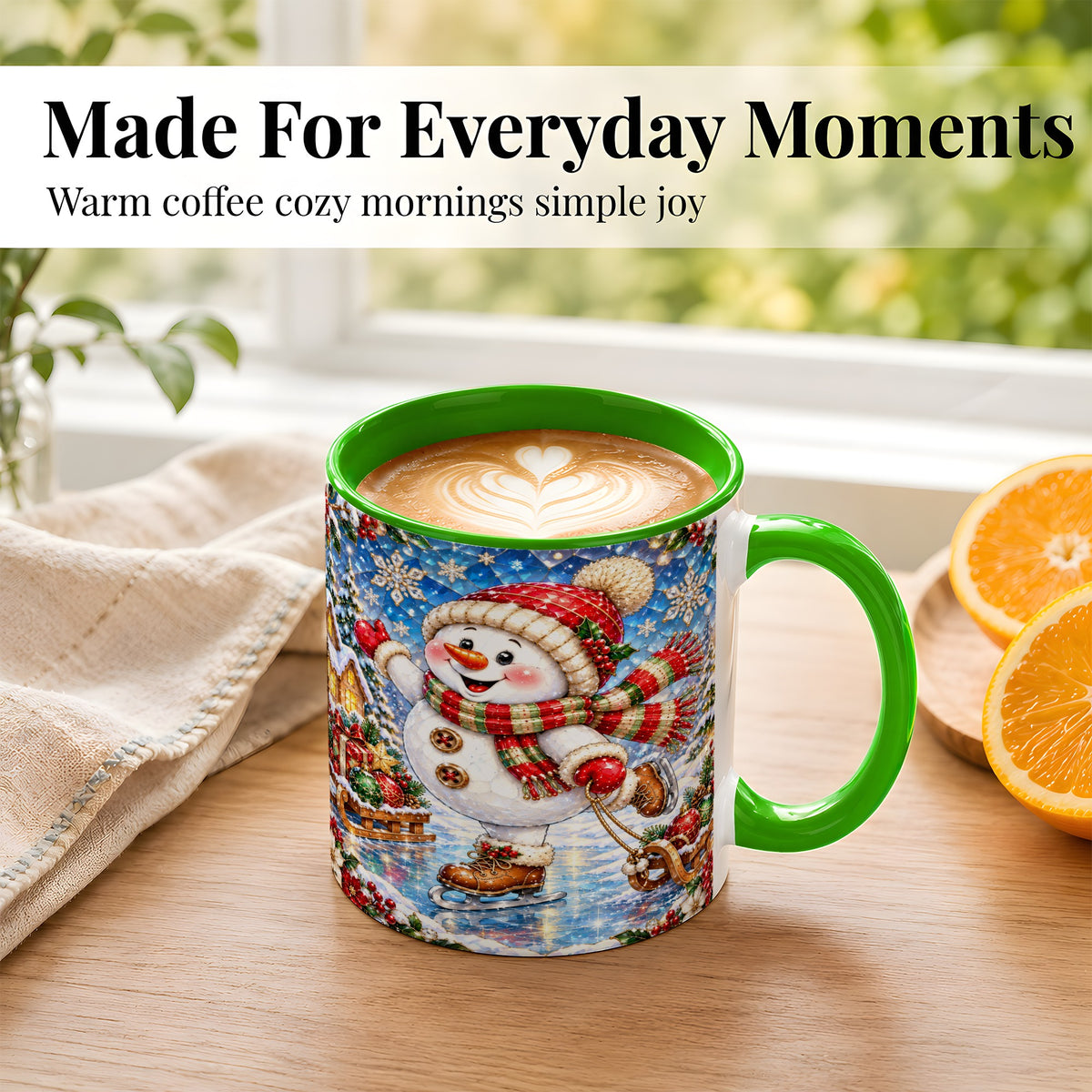 #pl[11oz|Green] Jeweled Ice Skating Snowman Coffee Mug, Christmas Snowman Mug, Ceramic Cup